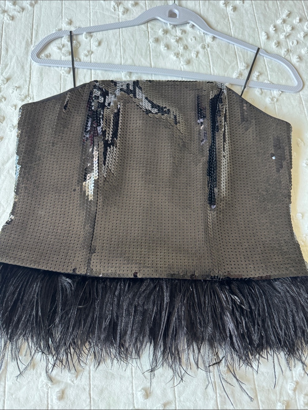 Express Black Sequin Feather Strapless Top